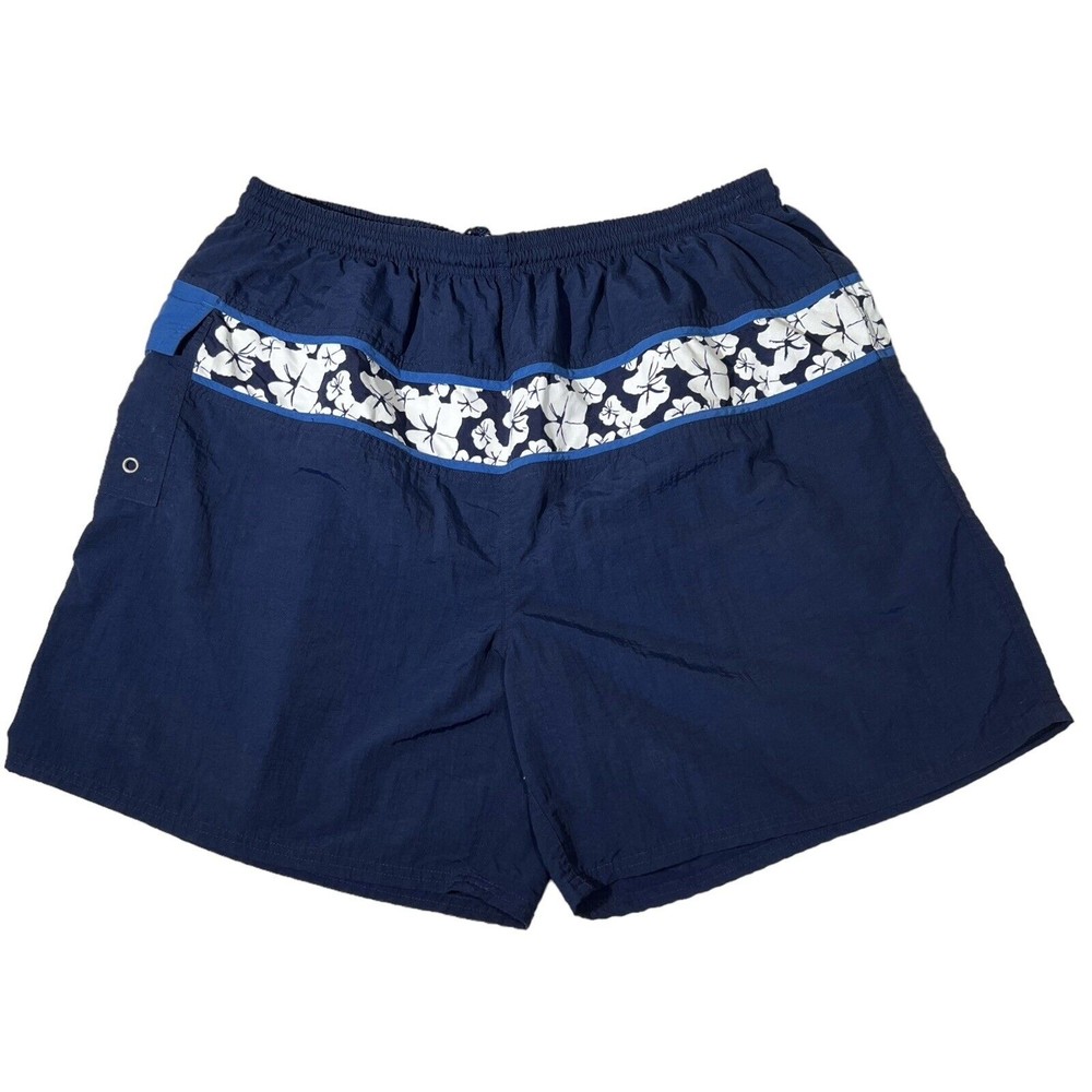 VTG‎ Down Under Swim Trunks Navy/Wh Floral Trim Pockets Lined Elastic Taiwan XL